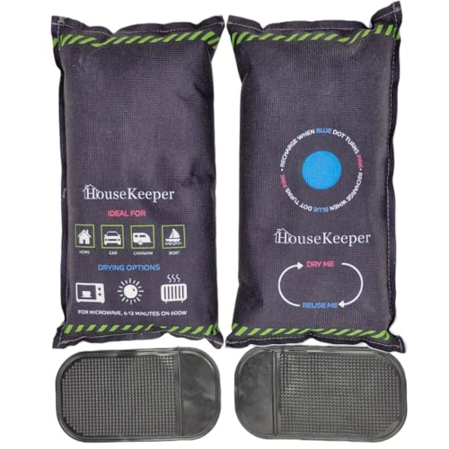 Housekeeper Deshumidificador reutilizable XL, 1 kg, paquete de 2 bolsas de gel de sílice con alfombrilla antideslizante, para coche, caravana, hogar, barco, absorbe la condensación, elimina el