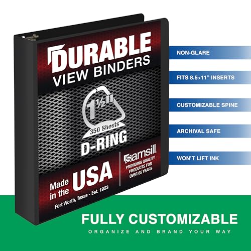 Image of Samsill Durable 1.5 Inch Binder, D Ring Binder, Customizable Clear View Cover, Charcoal Black, Holds 350 Pages