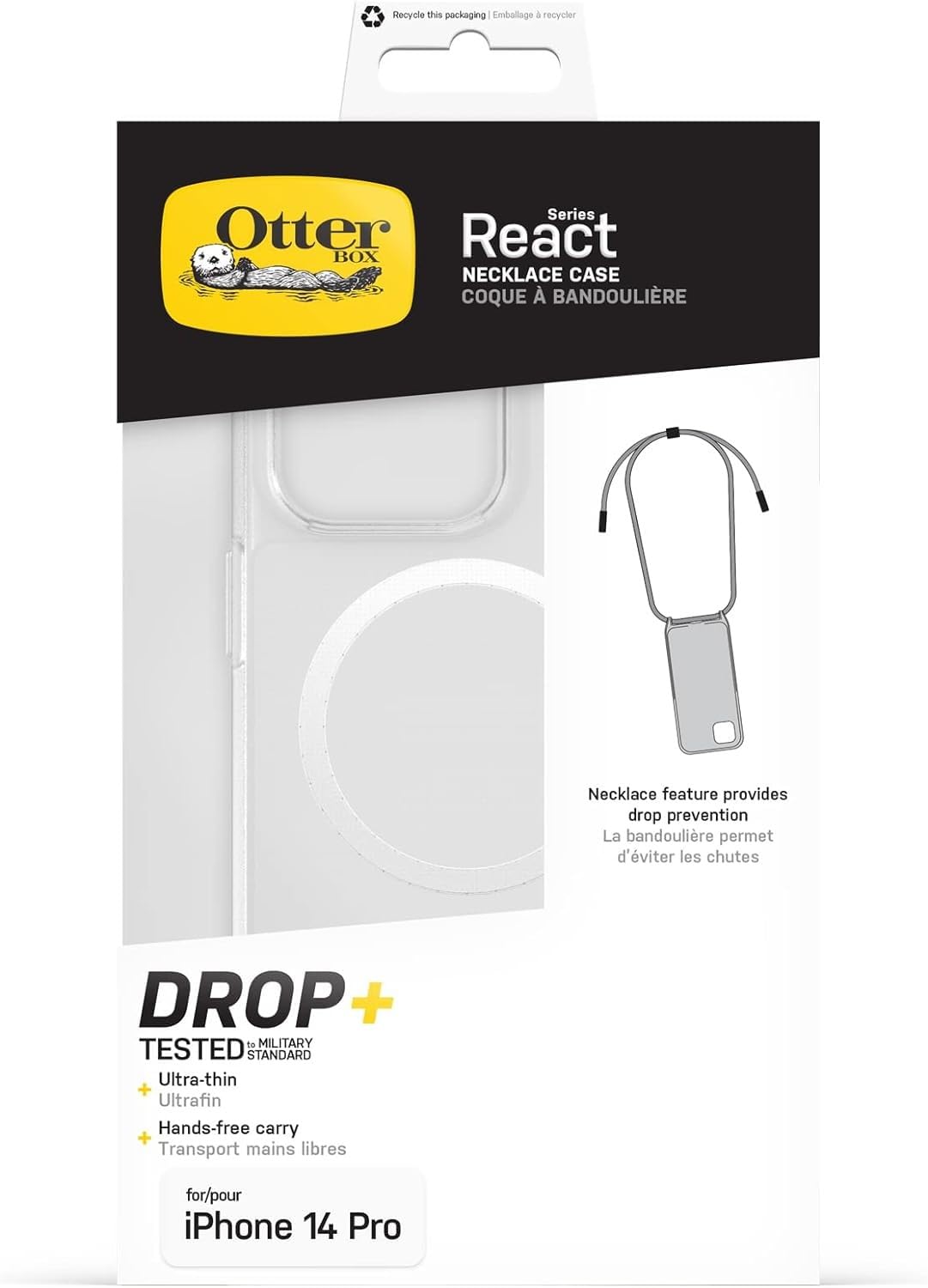OtterBox Cover React Necklace con MagSafe per iPhone 14 Pro, Custodia sottile, antishock con cordone da collo, adattabile e intercambiabile, testata a norme MIL STD 810G, Trasparente