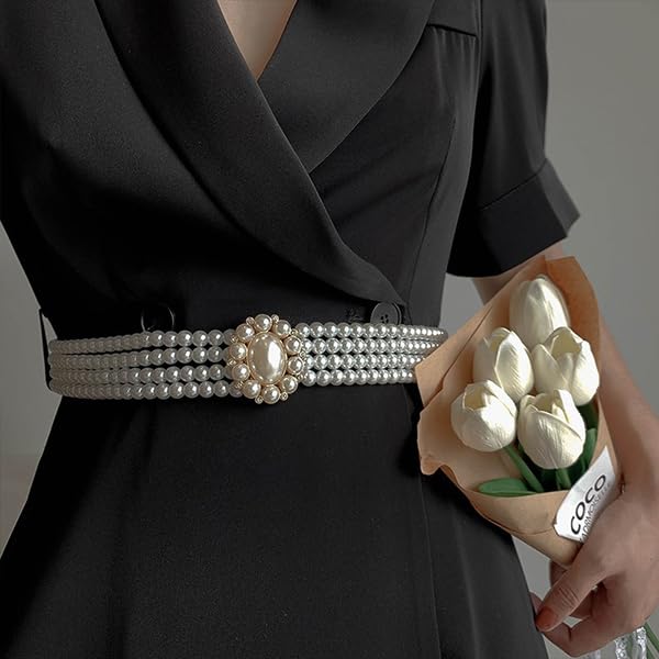 Generic Rhinestones Faux Pearl Belts Pearl Gold Elastic Buckle Belts, Pearl Waistband Dress Clothes Accessories for Women Elegant Rhinestone Waistband for Dresses Suit, Medium, White2