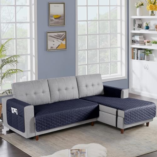 Image of TAOCOCO Sectional Couch Covers 100% Waterproof L Shaped Sofa Covers for Right Hand Facing Chaise Lounge, 2 Pieces Couch Cover L Shape Furniture Protector Slipcover for Pets Kids, Small /Dark Blue