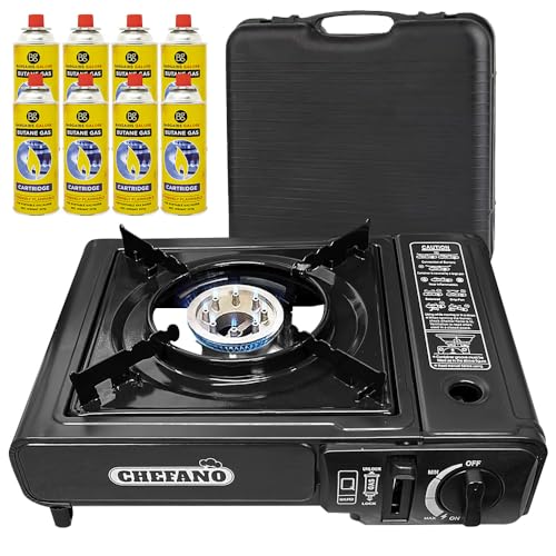 Portable Gas Cooker Camp Stove + 8 Butane Gas Canisters - For Outdoor Camping, Fishing, Cooking & BBQ | Premium Burner, Automatic Ignition & Heat Control, EN417 Compliant - Black Grill & Carry Case Portable Gas Cooker Camp Stove + 8 Butane Gas Canisters - For Outdoor Camping, Fishing, Cooking & BBQ | Premium Burner, Automatic Ignition & Heat Control, EN417 Compliant - Black Grill & Carry Case