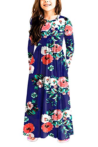 storeofbaby Girls Casual Maxi Floral Dress Long Sleeve Holiday Dresses with Pockets