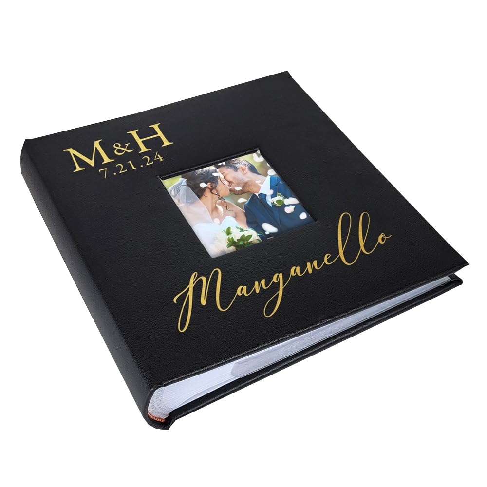Personalized Photo Album, Custom Engraved Picture Album, Holds 200 4" x 6" Photos, Leatherette and Laser Engraved Scrapbook, Wedding Initials and Last Name, Black