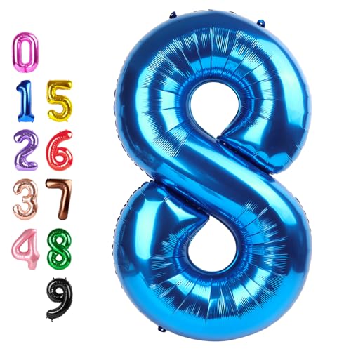 Image of Number Balloons 8 Balloon 40 inch Blue for 8th Birthday Party Decoration | Saturated Color, Large 40 in, With Inflation Straw & Hanging Hole, Great for Men's Party, Back-To-School Season, Pool Party