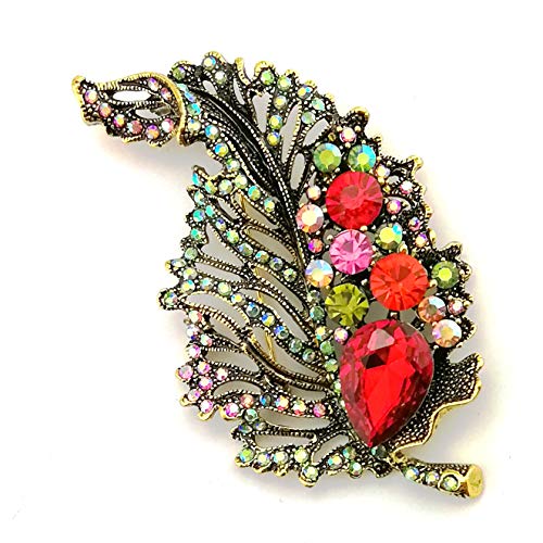 LAXPICOL Elegant Vintage Big Sparkly Colorful Rhinestone Red Crystal Leaf Brooch Pin