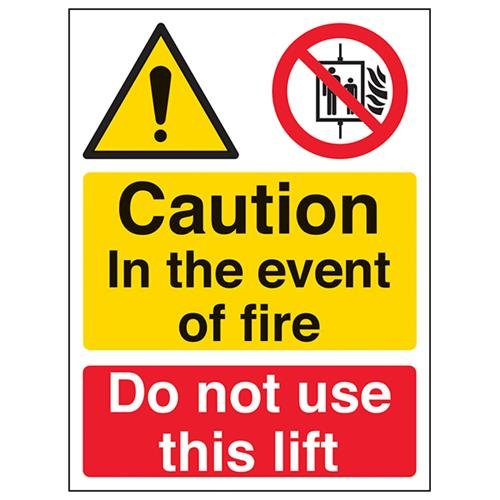 V Safety Caution In The Event Of Fire Do Not Use This Lift Sign - 150mm x 200mm - 1mm Rigid Plastic
