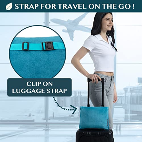 Pavilia Travel Blanket Pillow, Soft Airplane Blanket 2-In-1 Combo Set, Plane Blanket Compact Packable, Flight Essentials Car Pillow, Travelers Gifts Accessories Luggage Backpack Strap, 60X43 Teal Blue #TOP2