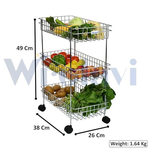 Image of Stainless Steel 3-Tier Kitchen Trolley with Wheels | Multipurpose Storage Rack Organiser | Vegetable Stand for Kitchen | Onion, Potato & Fruit Basket Cart