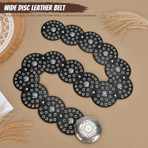 Western Leather Belts for Woman Boho Cowgirl Wide Disc Belt for Women Concho Cowboy Waist Belts for Dress (Black-silver Buckle, 41'' (fits waist size up to 37''))2