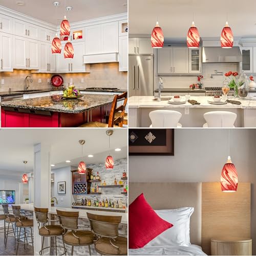 Image of GO&SO Red-White Swirl Glass Lamp Shade Set of 2,7.8 inch H x 4 inch D,Oval | 1.57 inch Fitter E26 Base,Hand-Blown Art Fixtures,Chandelier Shades for Kitchen Island,Hanging Light Shades
