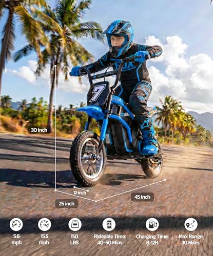 Image of ELEMARA Electric Dirt Bike,350W Motorcycle 24V Ride on Toy for Big Kids w /LED Power Display,15.5 mph & 150lb Max,3 Speeds,Chain-Driven Motor,Twist-Grip Throttle & Brake Lever,12 inch Air-Filled Tires-Blue