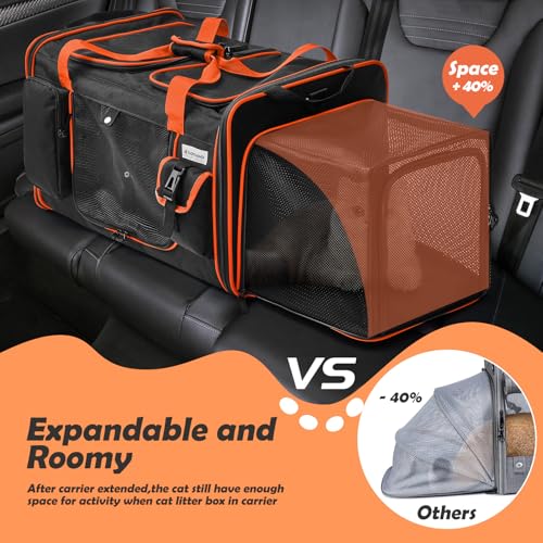 Odoland Katzentransportbox für 2 große Katzen 60×38×35cm - Faltbar Erweiterbarer Transporttasche Katze Welpen, atmungsaktiv Hundetragetasche mit Schultergurt & Katzenklo - Ideal für Reise, Auto