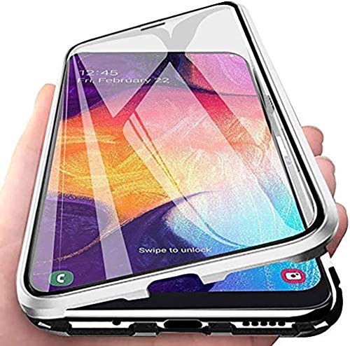 MOSSTAR Funda Samsung Galaxy A20e, 360 Grados Carcasa Completa, Adsorcin magntica Carcasa, Marco de Metal, con Protector de Pantalla Incorporado,Cristal Templado Transparente Cover Case,Plata