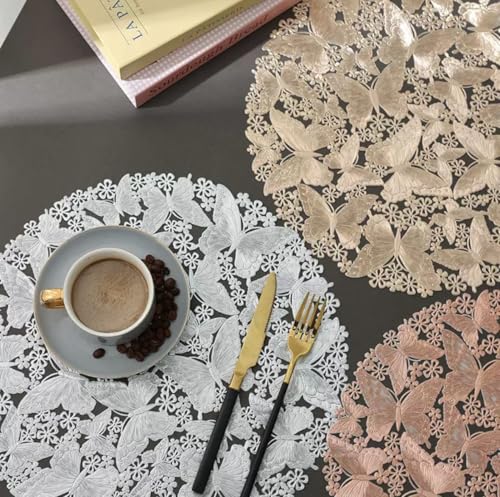 Image of HomeCloud PVC Material Round Shape Table Mat, Dining Table Mat,Table Placemats, Round Mats,Best for Bed-Side Table /Center Table, Dining Table /Shelves (Butterfly Gold, Set of 2)
