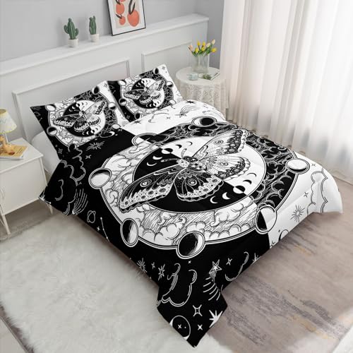 Image of Kids Comforter Set Black White Butterfly Printed Pattern Bedding Set with 1 Comforter and 2 Pillowcases for Girls Boys Bedroom All Season(Black White Butterfly Queen)