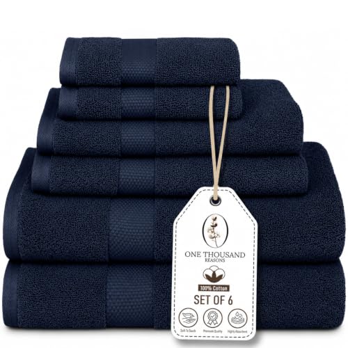 Premium Staple Cotton Bathroom Towel Set - Navy 600 GSM 6-Piece Luxury Bath Towel Set 1 Stripe - 2 Bath Towels 2 Hand Towels & 2 Washclothes Set - High Absorbent & Quick Dry for Gym Spa Hotel