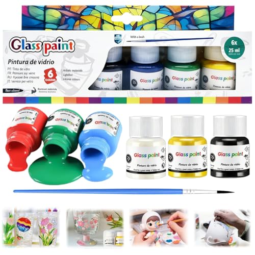 Glasmalfarbe Glasfarbe Spülmaschinenfest Professionelles Glasmalfarben-Set mit 6 leuchtenden Farben & Pinsel Glasfarbe auf Wasserbasis für Tassen & Keramik Kreatives Glasmalfarbe für DIY Geschenke