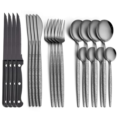 20 Piece Stainless Steel Black Silverware Set with Steak Knives for 4, Mirror Polished Flatware Set Cutlery Utensils Tableware Set for Home Kitchen, Fork Knife Spoon Set, Dishwasher Safe