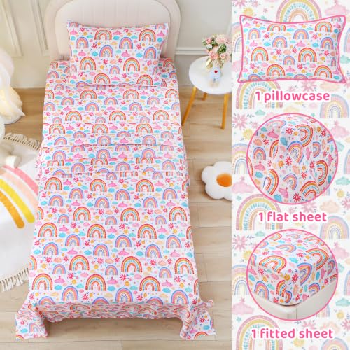 Image of Viviland 3 Pieces Girls Twin Sheets Set Kids, Pink Rainbow Cloud Printed