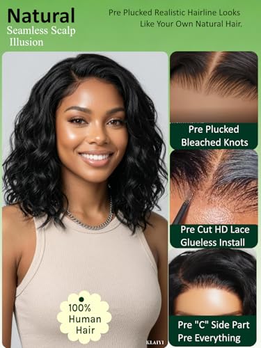 Image of KLAIYI Bye Bye Slip Bob Water Wave Precut 6x4Lace Front Wigs Human Hair 220%Density Side Part Drawstring Curly Glueless Pre Plucked Bleached Knots 3S Ready to Wear and Go Wig Beginner Friendly 14Inch
