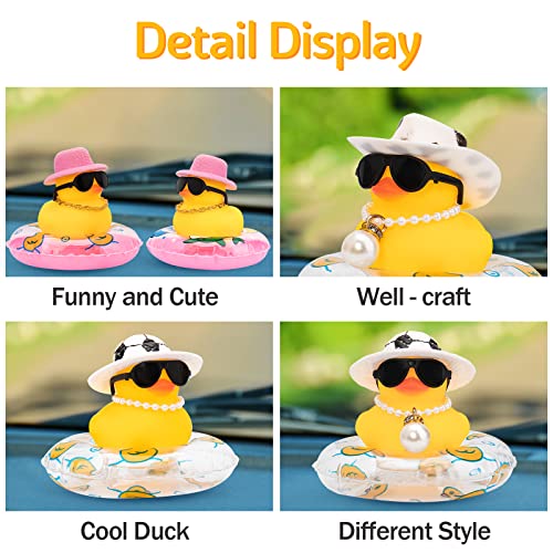 Image of wonuu Car Rubber Duck, Yellow Duck Decoration Dashboard with Sun Hat Swim Ring Necklace Sunglasses for Car Dashboard Decorations, Black White Cowboy Hat-Transparent-Big Pearl