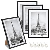 MLACXLT 4 Stück Bilderrahmen A4 Schwarz – DIN A4 21x30 cm Kunststoffrahmen mit Plexiglas, Bilderrahmen Set für Fotos, Poster, Kinderzeichnungen & Galerie