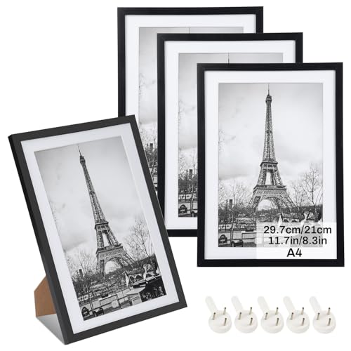 MLACXLT 4 Stück Bilderrahmen A4 Schwarz – DIN A4 21x30 cm Kunststoffrahmen mit Plexiglas, Bilderrahmen Set für Fotos, Poster, Kinderzeichnungen & Galerie