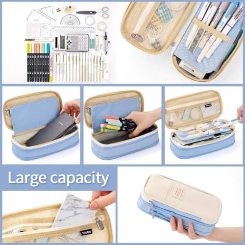 Image of Parshya Kawaii Pencil Case 2 Compartment Cute Pencil Pouch Aesthetic Pencil Case for Girls Large Capacity Pen Pencil Pouch Multifunctional Stationery Organizer for School Office (Spacial Blue)
