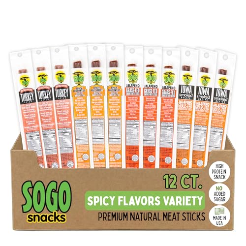 Spicy Variety Meat Sticks, Sogo Snacks, No Sugar, No Added Nitrates, Gluten, Soy, MSG, Dairy, Nuts. 3 100% Grass-fed/finished, Non-GMO, Beef Flavors. 1 Free-Range Turkey Flavor (3 of Each, 12-cnt, 1-oz)