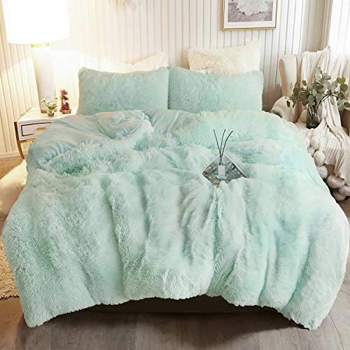 XeGe Plush Shaggy Duvet Cover Set Luxury Ultra Soft Crystal Velvet Bedding Sets 3 Pieces(1 Faux Fur Duvet Cover + 2 Faux Fur Pillow Cases),Zipper Closur (Queen, Aqua Green)