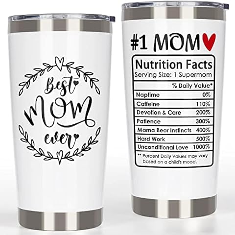 Breezy Valley #1 Mom Gifts Tumbler, Valentine's Day Gifts for Moms from Daughter Son Husband - Best Mom Ever Gifts, Birthday Gifts for Mom Grandma, Number One Nutrition Facts Mom Coffee Tumbler 20oz Cover