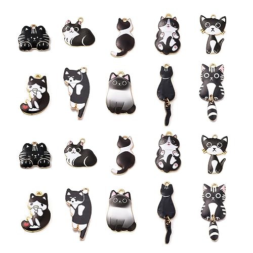 Stiesy 20Pcs 10 Styles Black Cat Charms Enamel Pet Kitten Pendant Charm Cute Animal Dangle Charms for Jewellery Making DIY Bracelet Crafting
