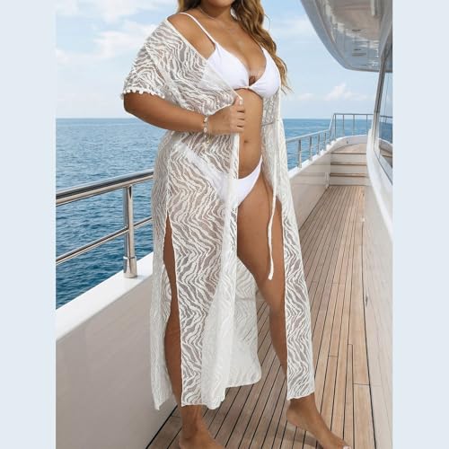 Kimono de playa de encaje con ajuste de cintura y talla extra cómoda 3