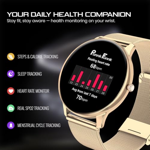 Image of PunnkFunnk Glavito Round Dial Smartwatch 1.49 inch AMOLED Display, 100+ Sports Modes, Health Tracking, Bluetooth Calling, Functional Crown Control, 100+ Watch Faces for Men & Women (Millanese Gold)