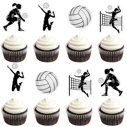 Kreatwow Lot de 36 décorations de fête d'anniversaire de volleyball noir et blanc - Décoration de gâteau d'anniversaire - Joueur de volleyball