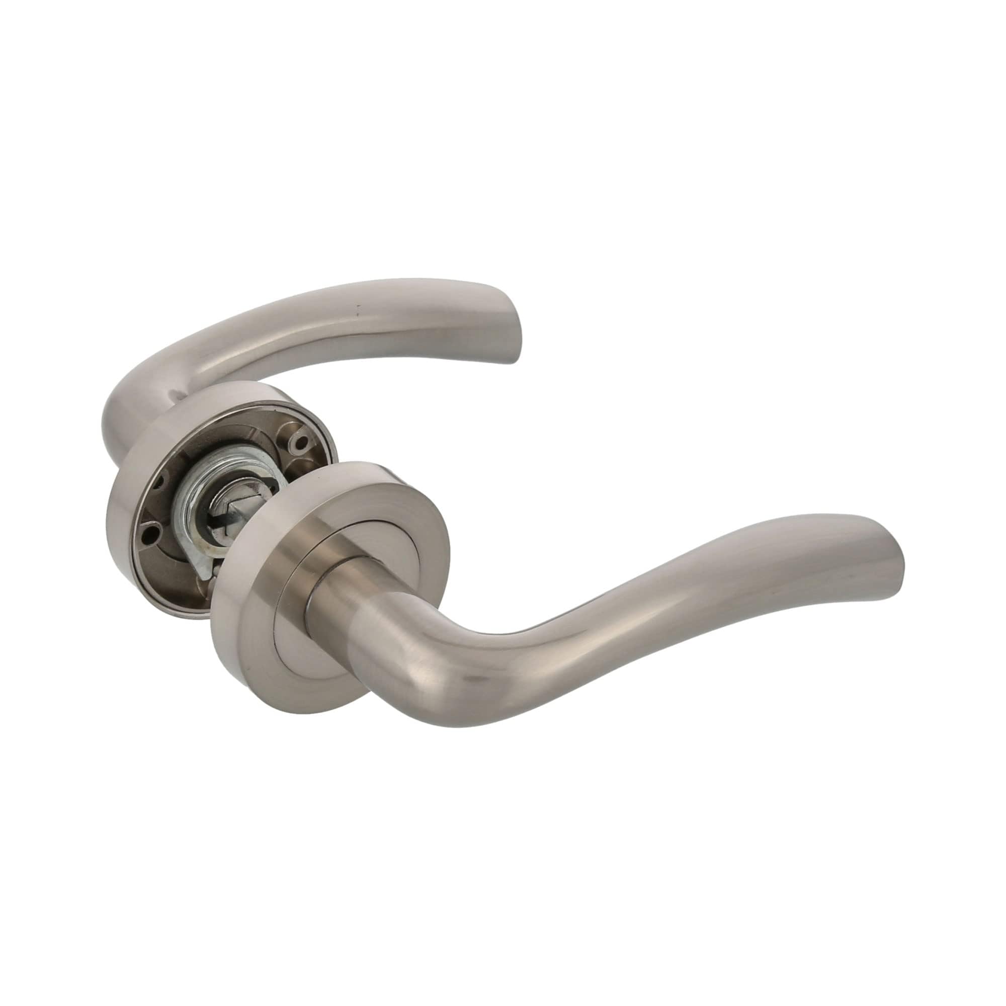 Amig Brushed Nickel - Set Of Handles With Rosette In Zamak For Doors | Mika Model | Ø52 Mm | 8 Mm Square | Elegant And Simple Design | Aluminium