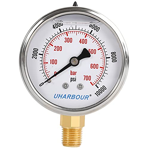Image of UHARBOUR Glycerin Filled Pressure Gauge 10000psi /700bar, Stainless Steel case, Brass Inside Construction, 2-1 /2 inch dial, 1 /4 inch NPT Rear Connection.