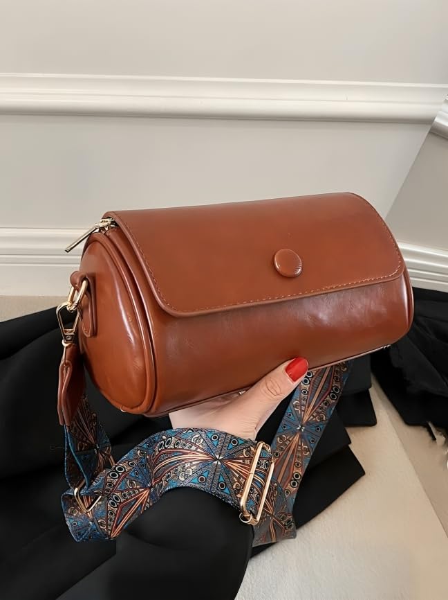 Image of Vintage Leather Crossbody Sling Bag with Decorative Patterned Strap for Daily Use, Travel & Shopping, Phone Purse with Adjustable Strap - Lightweight Casual Trendy Bag for Ladies & Girls