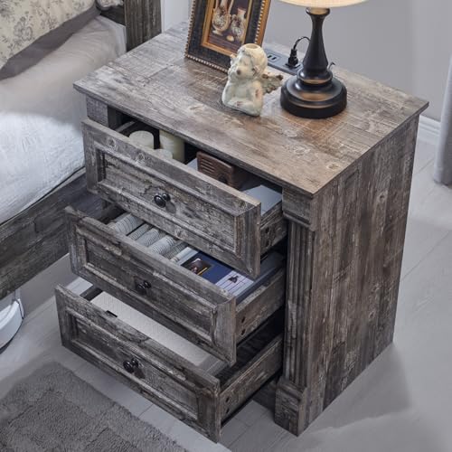 Image of 26 inch Tall Nightstand with Charging Station, Farmhouse 23.6 inch Wide Large End Table w /Roman Column, Wood Rustic Side Table w /Metal Handle, 3 Drawers Dresser for Bedroom, Living Room, Light Grey