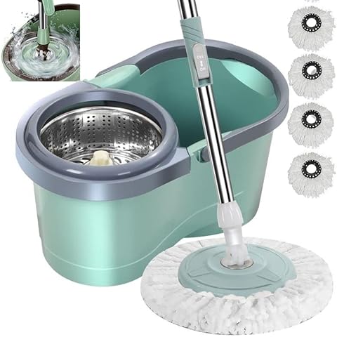 SWISSPACK Spin Mop and Buckets Sets, Microfibre Flat Mop Bucket, Telescopic Handle & 4 Reusable Pads for Hardwood Laminate Tile Floors -👍 4 Cleaning Mops Included.👍 (Green) Cover