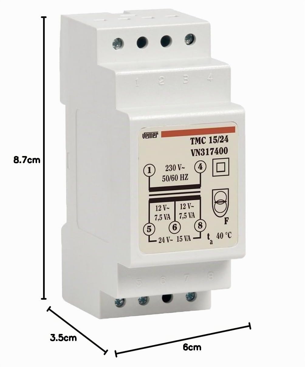 VEMER VN317400 TMC 15/24 - Transformador de Electricidad de Carril DIN Para Servicio Continuo, 230V/12-24V, Potencia 15VA, Blanco