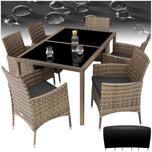 tectake Polyrattan Sitzgruppe für 6 Personen, Balkon Möbel, Gartenmöbel Set mit Tisch und 6 Stühlen, Essgruppe für Garten Terrasse und...