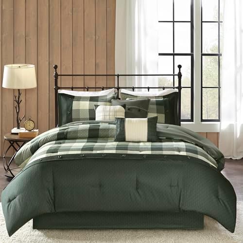 Madison Park Ridge Comforter Set - Cabin Lodge Plaid Herringbone Design, All Season Down Alternative Cozy Bedding with Matching Bedskirt, Shams, Decorative Pillow, Grey King(104"x92") 7 Piece - Thumbnail 3