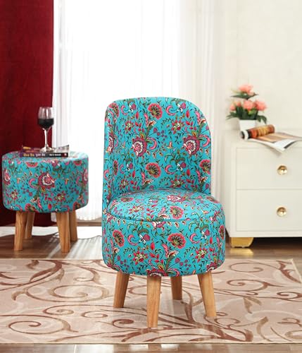 Image of NACIA Velvet Printed Ottoman Chair with Stool Combo | Dressing Table Chair for Bedroom Makeup Room Decor | Modern Upholstered Ottoman with Wooden Legs for Living Room (18x18x32 Inches, Blue Leaf)
