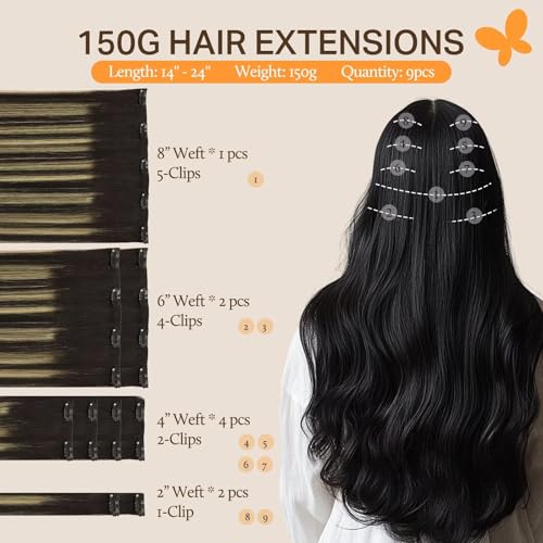 Image of DOORES Clip in Hair Extensions, Balayage Natural Black to Light Blonde 22 Inch 150g 9pcs, Remy Clip in Hair Extensions Thick Straight