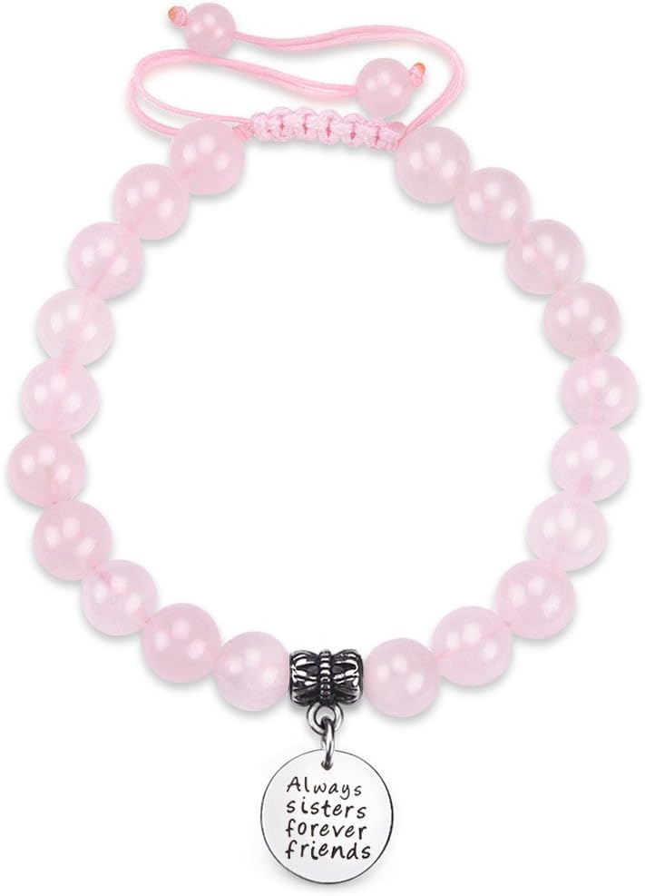 CheersLife Rose Quartz Bracelet Engraved Inspirational Message Charm Natural 8mm Pink Crystal Positive Words Energy Jewellery for Women