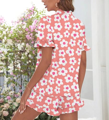 Image of SWOMOG Woman Pajama Set Short Sleeve Pjs Set 2Pcs Short Pajamas Button Down Ruffle Hem Sleepwear Soft Modal Loungewear