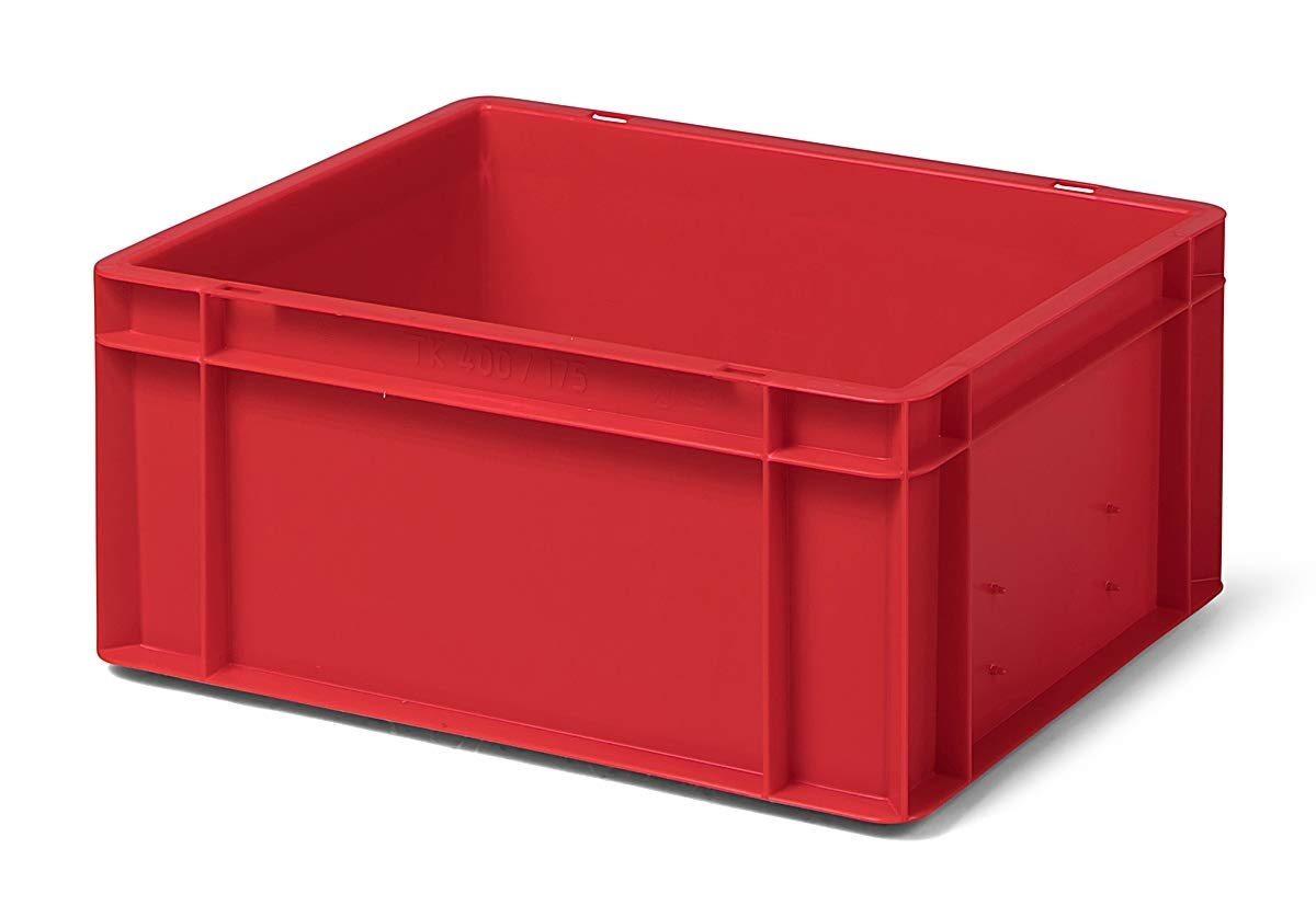 1a-TopStore 4 Stk. Transport-Stapelkasten TK417-0, rot, 400x300x175 mm (LxBxH), aus PP, Volumen: 15 Liter, Traglast: 35 kg, lebensmittelecht, made in Germany, Industriequalität