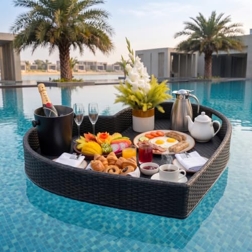 Image of BRISHI Luxury Floating Serving Tray | Swimming Pool Floats for Adults for Sandbars, Spas, Bath, and Parties | Floating Tray for Pool Serving Drinks, Brunch, Food on The Water (Black).